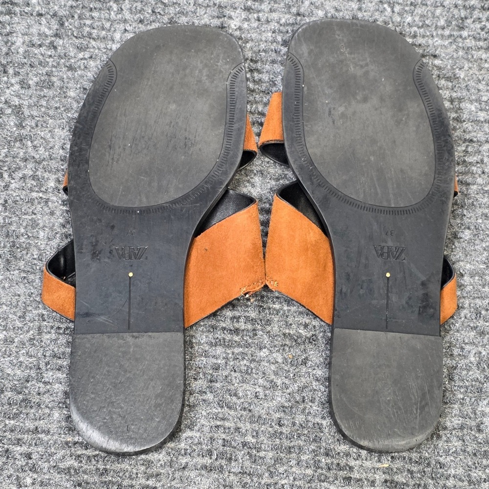Zara Suede Crossover Toe Loop Flat Sandals Women's Size 37 US 6.5 Brown Slip On - Picture 4 of 8